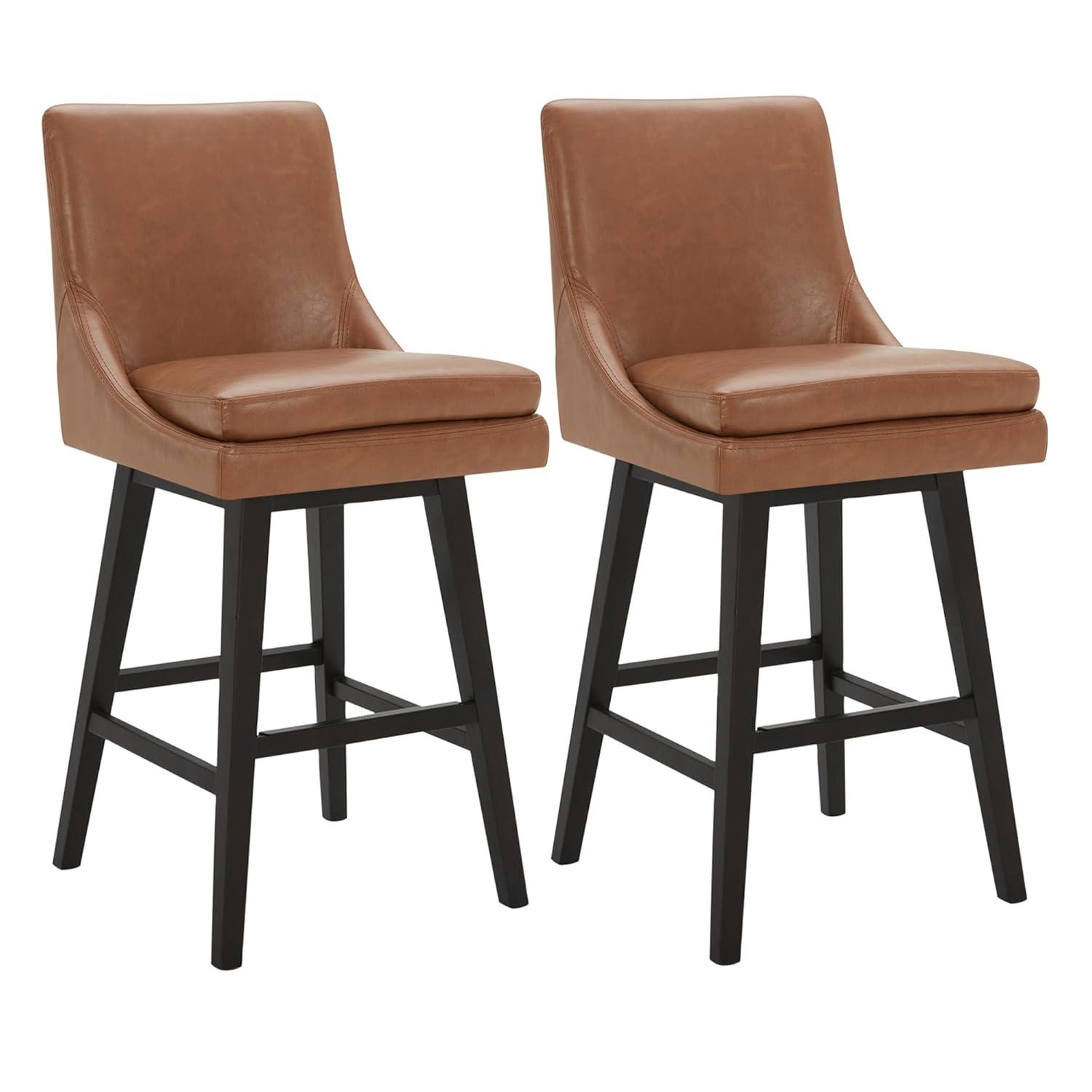 Fiona 26.8 in. Saddle Brown High Back Solid Wood Frame Swivel Counter Height Bar Stool with Faux Leather Seat(Set of 2)