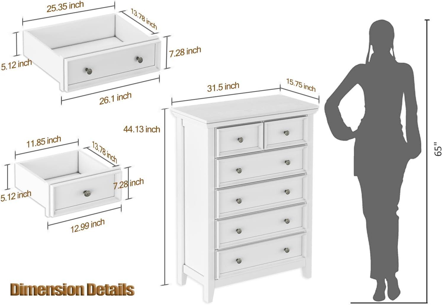 White Farmhouse 6-Drawer Tall Dresser with Metal Handles