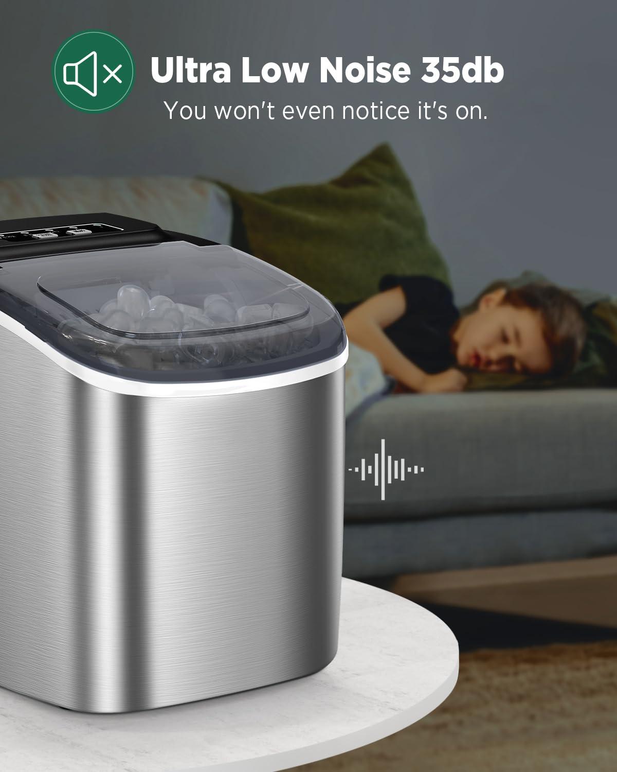 Silonn Stainless Steel Countertop Ice Maker - 9 Cubes in 6 Mins, 26lbs/24Hrs, Self-Cleaning, Includes Scoop & Basket, 2 Bullet Ice Sizes