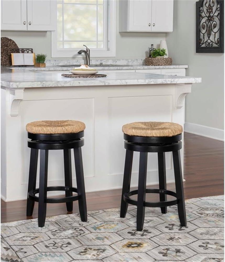 Linon Maya 25.5" Rubberwood Counter Stool Natural Seagrass Swivel Seat in Black