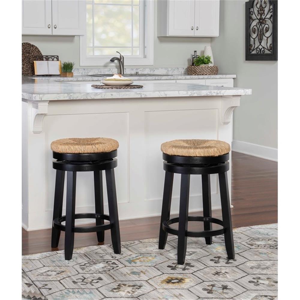 Linon Maya 25.5" Rubberwood Counter Stool Natural Seagrass Swivel Seat in Black