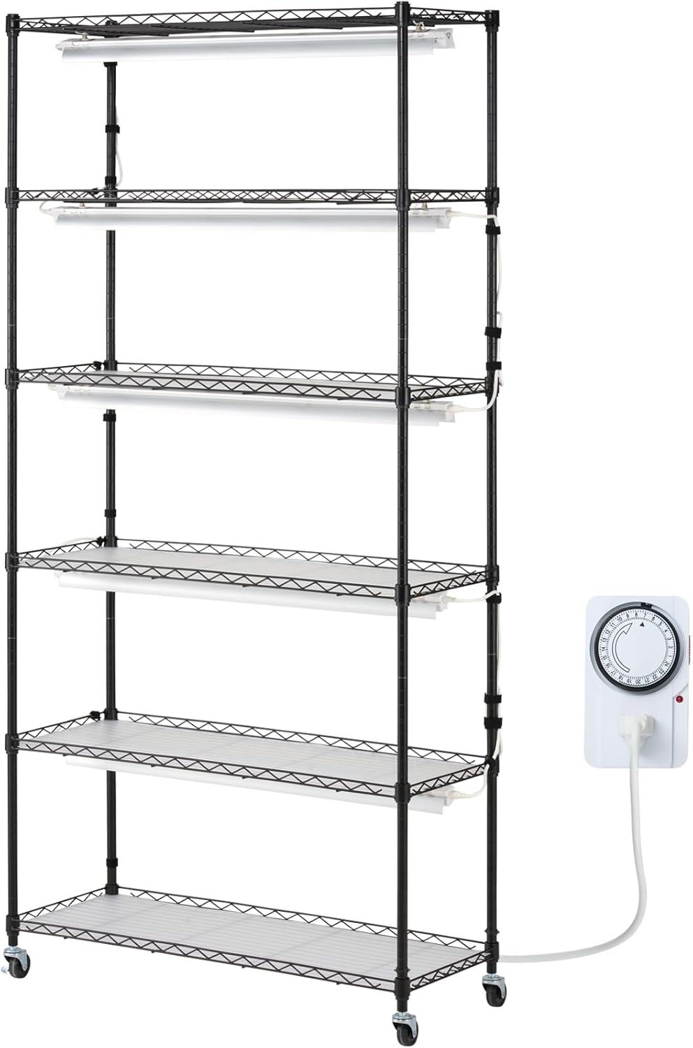 Black Steel 6-Tier Plant Shelf with LED Grow Lights