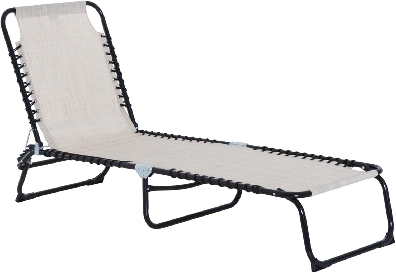 Cream White Mesh Outdoor Folding Chaise Lounge Chair