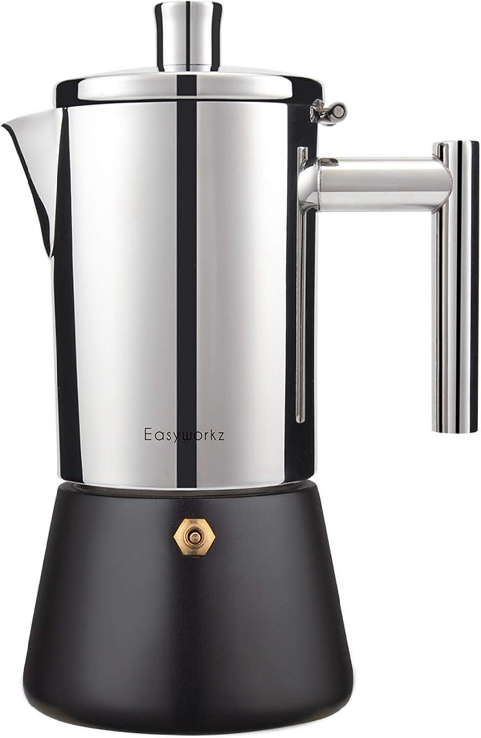 Easyworkz Diego 6 Cup Stovetop Espresso Maker Stainless Steel Italian Coffee Maker Induction Moka Pot Black, 10 oz