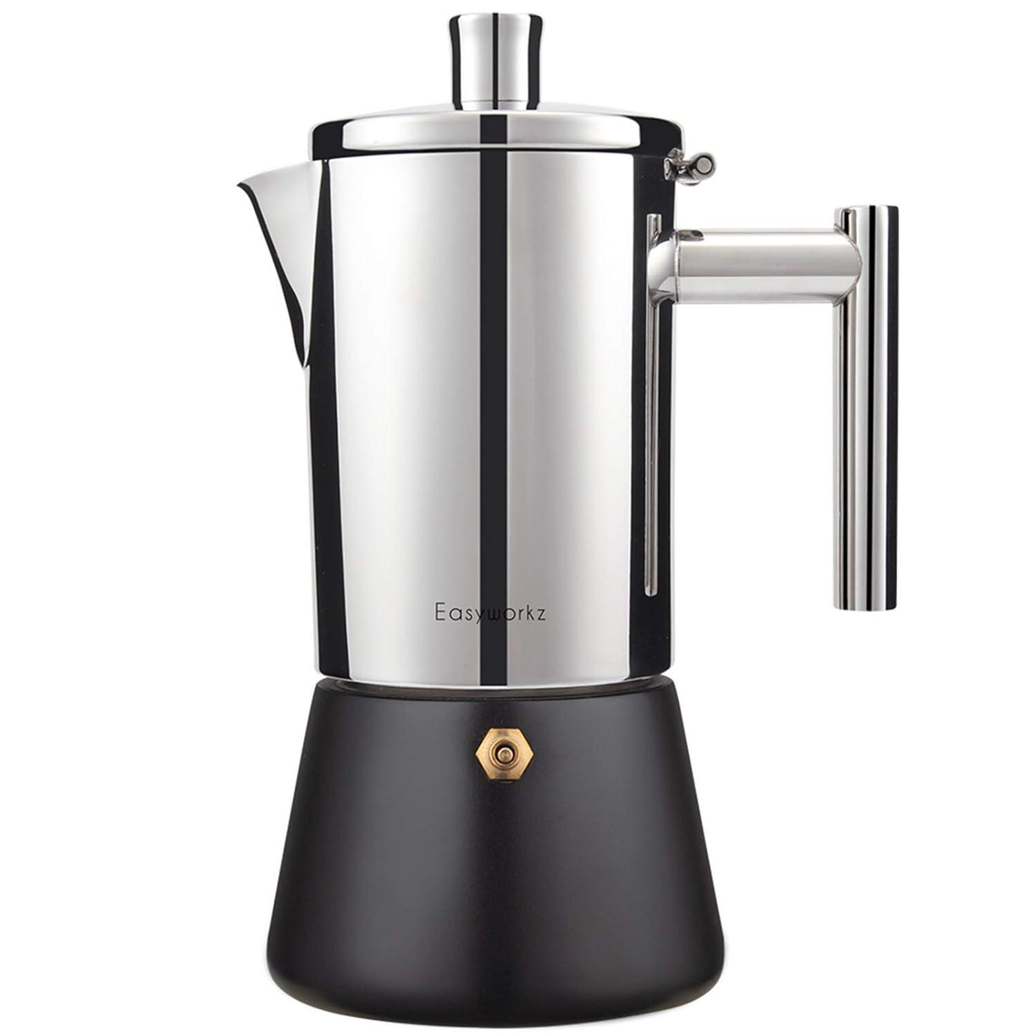 Easyworkz Diego 6 Cup Stovetop Espresso Maker Stainless Steel Italian Coffee Maker Induction Moka Pot Black, 10 oz