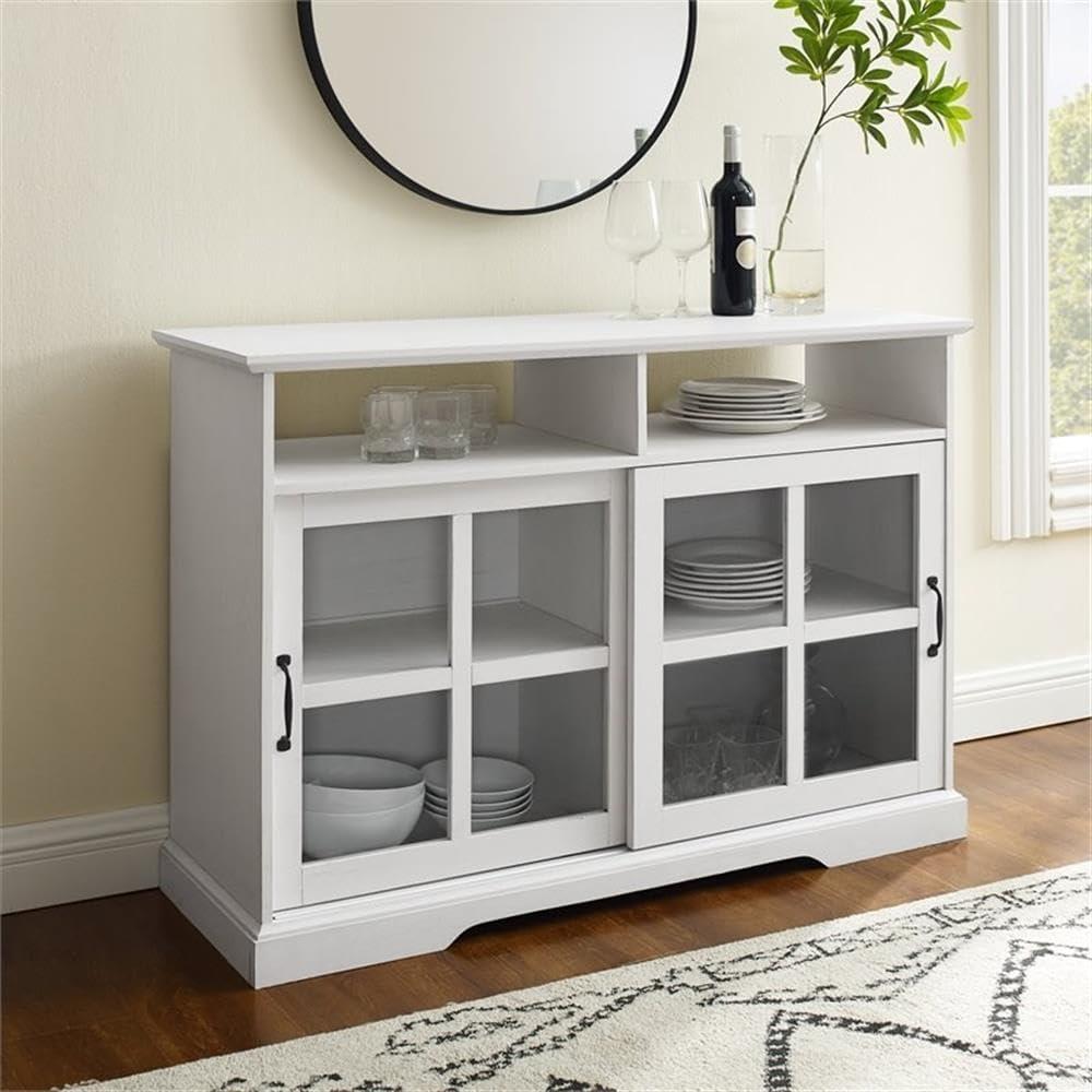 Transitional 48" Farmhouse Sliding Glass Door Sideboard in Brushed White