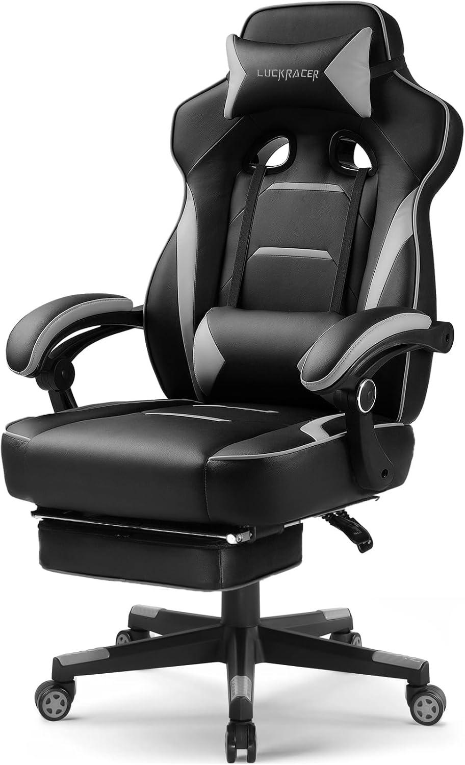 GTPLAYER Gaming Chair with Footrest, Big and Tall Game Chair 350lb Racing Style Computer Chair, Ergonomic Executive Office Chair High Back with Lumbar Support and Recliner, Gray