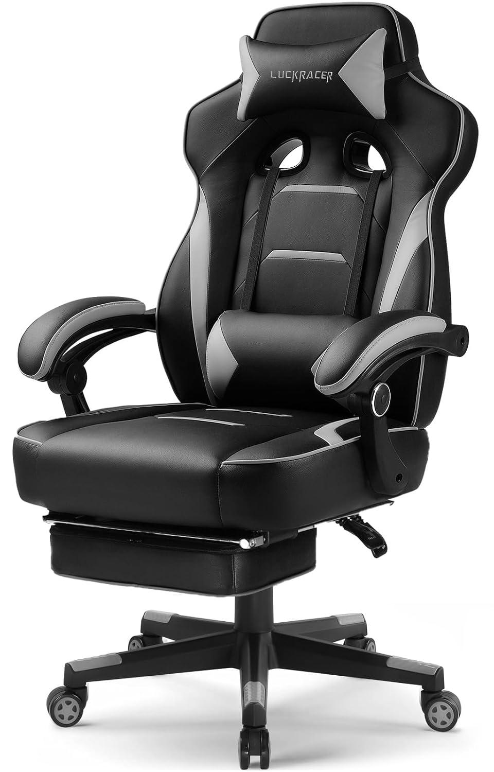 GTPLAYER Gaming Chair with Footrest, Big and Tall Game Chair 350lb Racing Style Computer Chair, Ergonomic Executive Office Chair High Back with Lumbar Support and Recliner, Gray