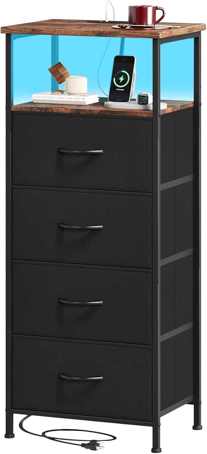 Eunos Black Dresser for Bedroom, 4 Drawer Nightstand with Charging Station, LED and Open Shelf