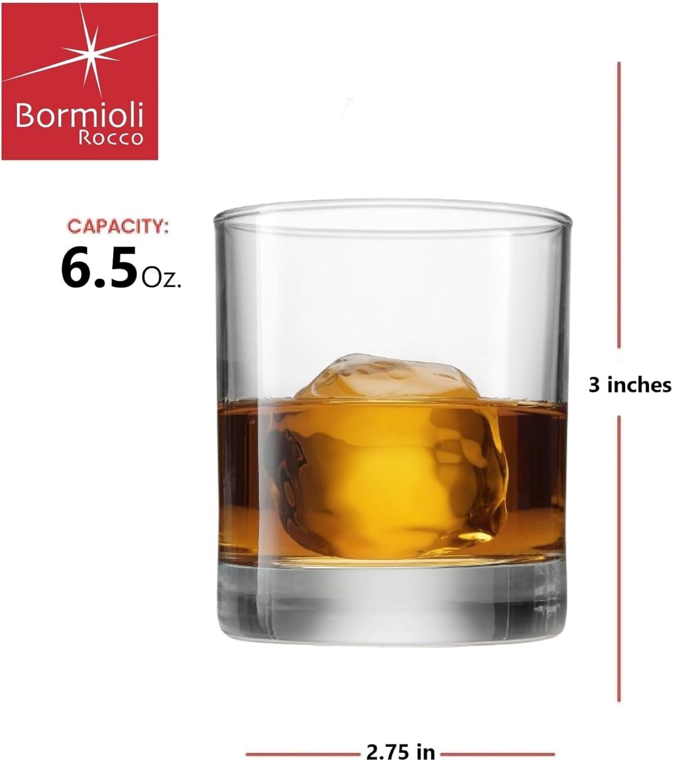 Bormioli Rocco Cortina Set of 6 Whiskey Glasses, Lowball Glasses, 6.5 Oz Weighted Bottom Short Glass Tumbler, Made In Italy