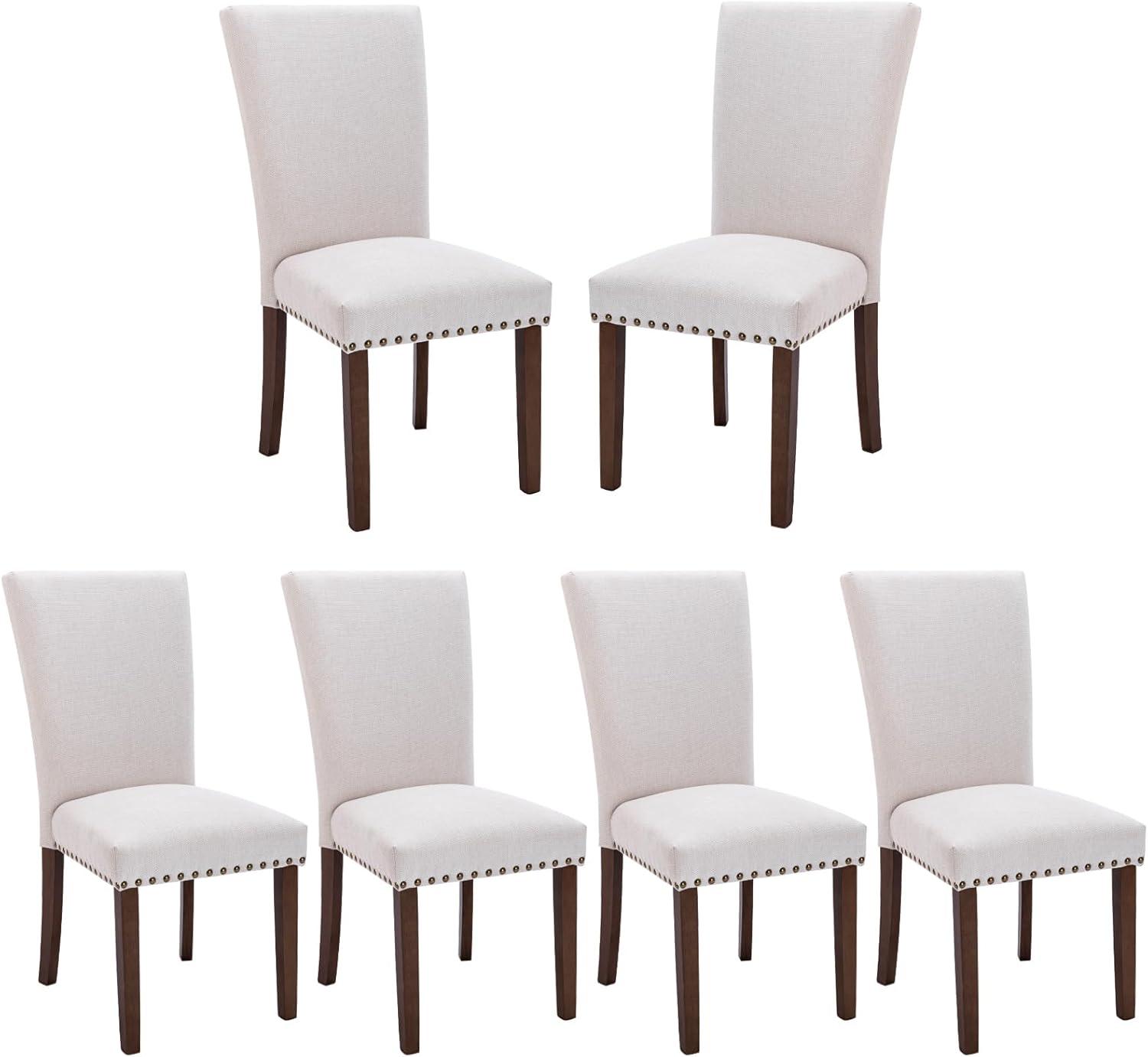 Set of 6 Upholstered Dining Chairs, with Nailhead Trim, Padded Seat, Fabric Parsons Dining Chairs for Dining Room, Beige