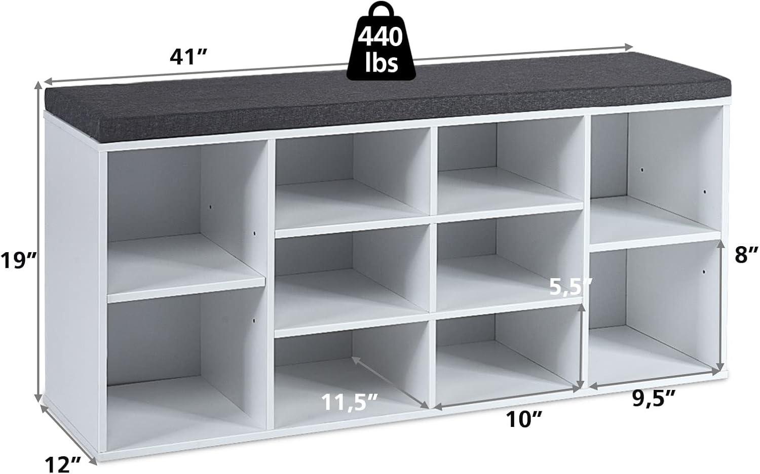 Yaheetech Shoe Storage Bench Shoes Organizer with 10 cubbies and Cushion Seat, White