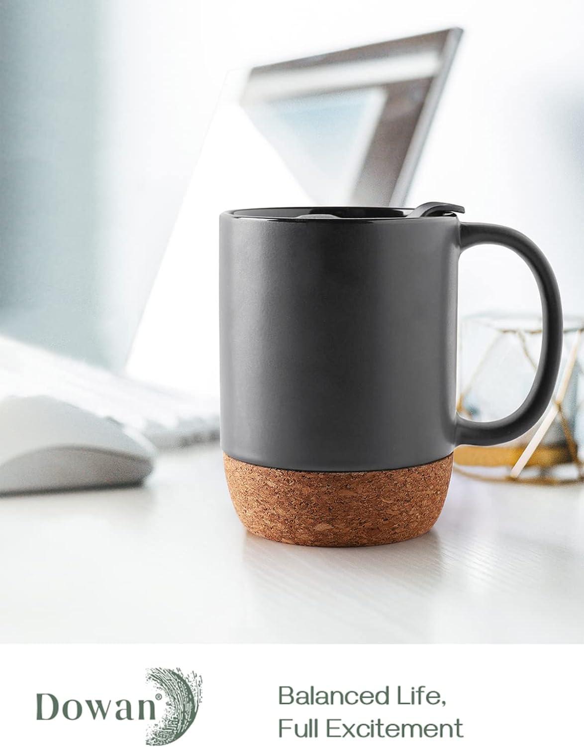 Matte Black Ceramic Coffee Mugs with Cork Bottom and Lid, Set of 2