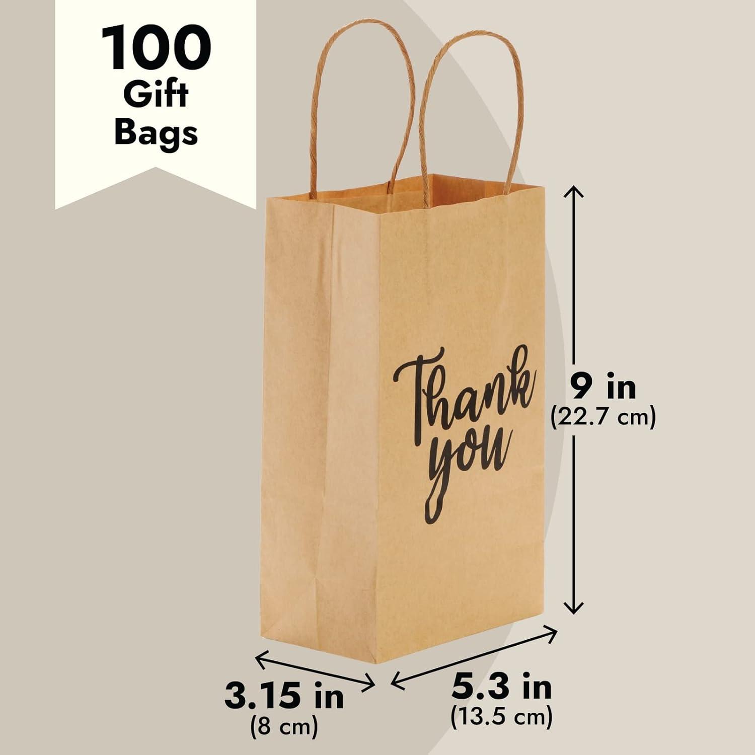 Sparkle and Bash 100-Pack Small Thank You Gift Bags with Handles, Brown Kraft Paper Material Bag Bulk for Wedding Birthday Favor, 9x5.3x3.15 in