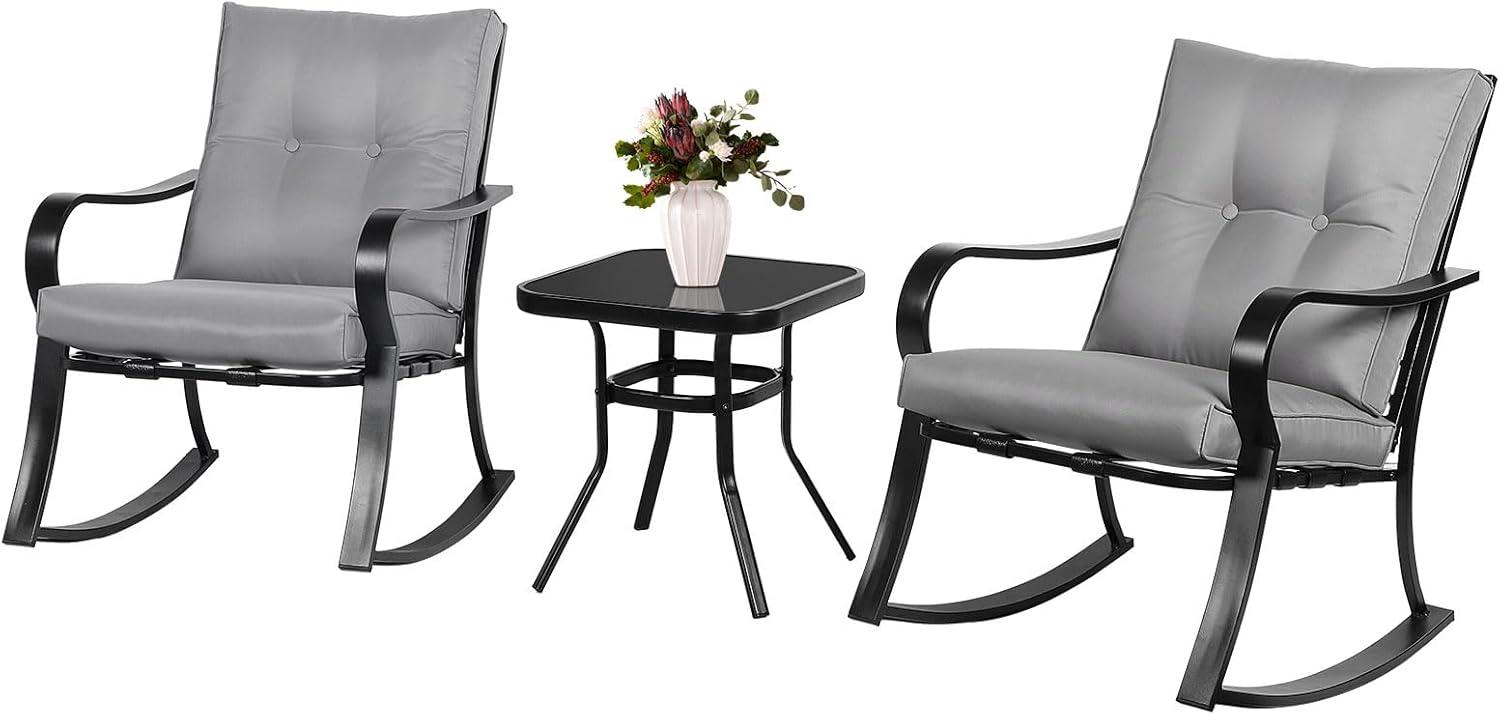 Crownland Outdoor Rocking Chairs Patio Furniture 3 Piece Patio Set Bistro Table Set Black Iron with Thickened Cushions and Glass Coffee Table, Grey