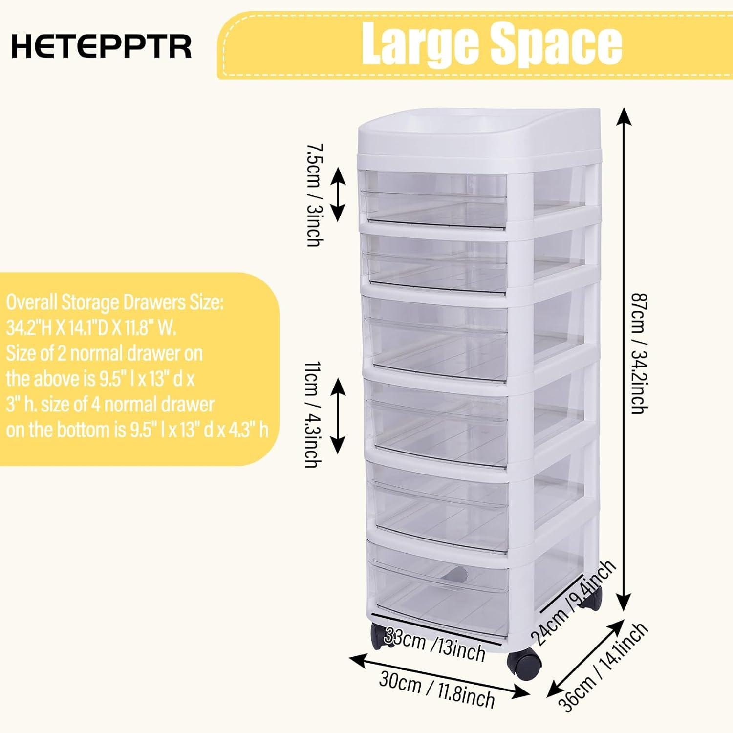 White 6-Tier Plastic Rolling Storage Cart with Clear Drawers