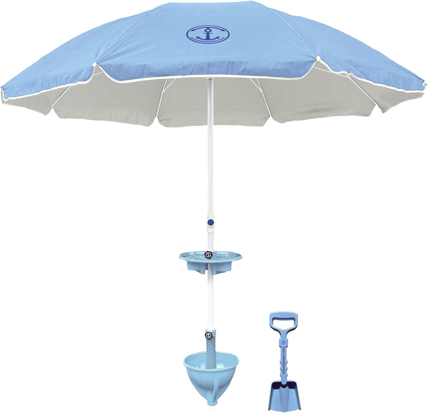 Anchor Works: Classic Beach Umbrella & AnchorONE Kit – Sky Blue - 7.5ft, Carry Bag, Sand Shovel & Drink Tray, UV-Protected, Outdoor Sun Canopy
