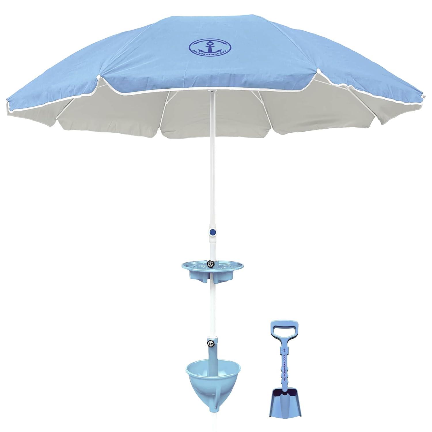 Anchor Works: Classic Beach Umbrella & AnchorONE Kit – Sky Blue - 7.5ft, Carry Bag, Sand Shovel & Drink Tray, UV-Protected, Outdoor Sun Canopy