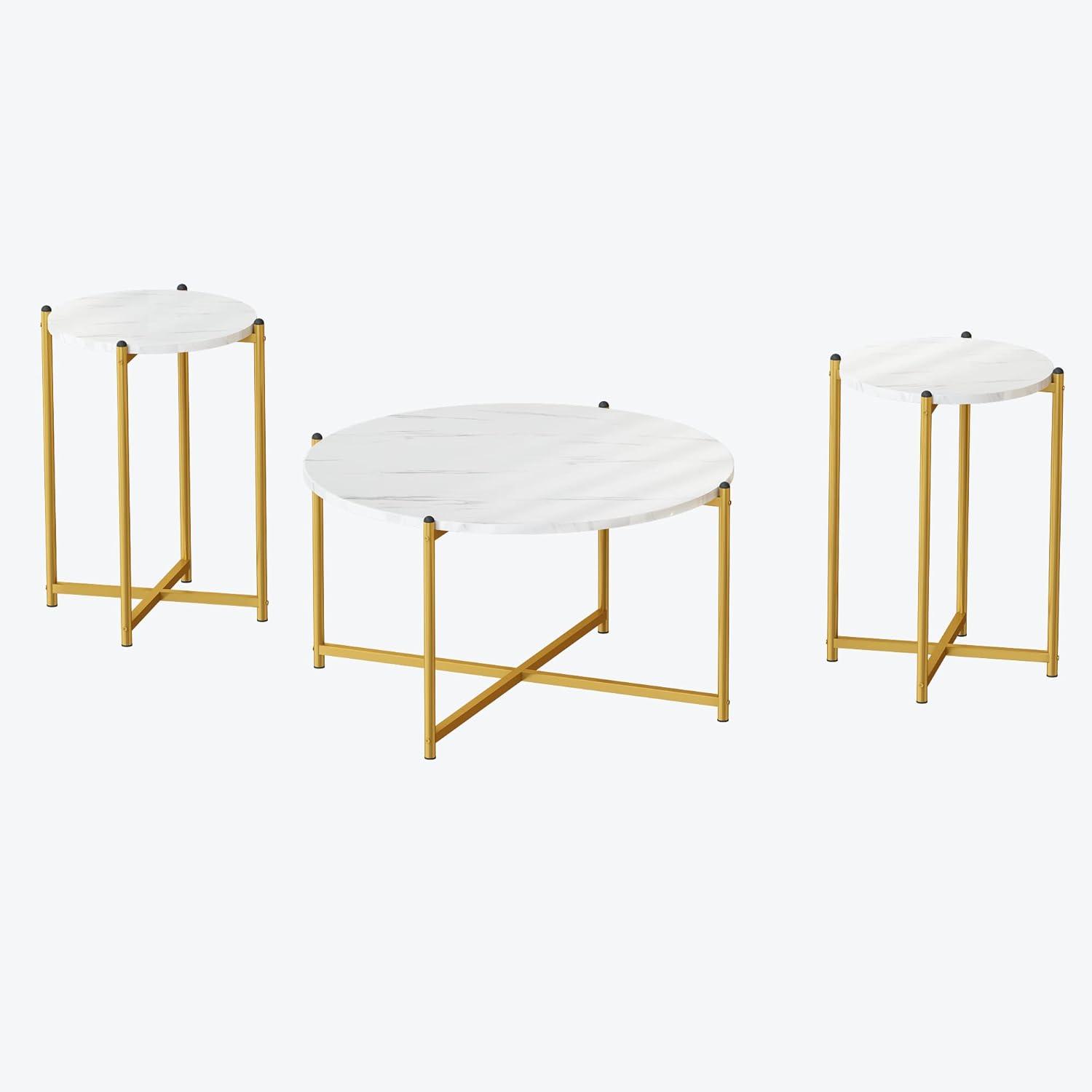 Modern White Faux Marble and Gold 3-Piece Coffee Table Set