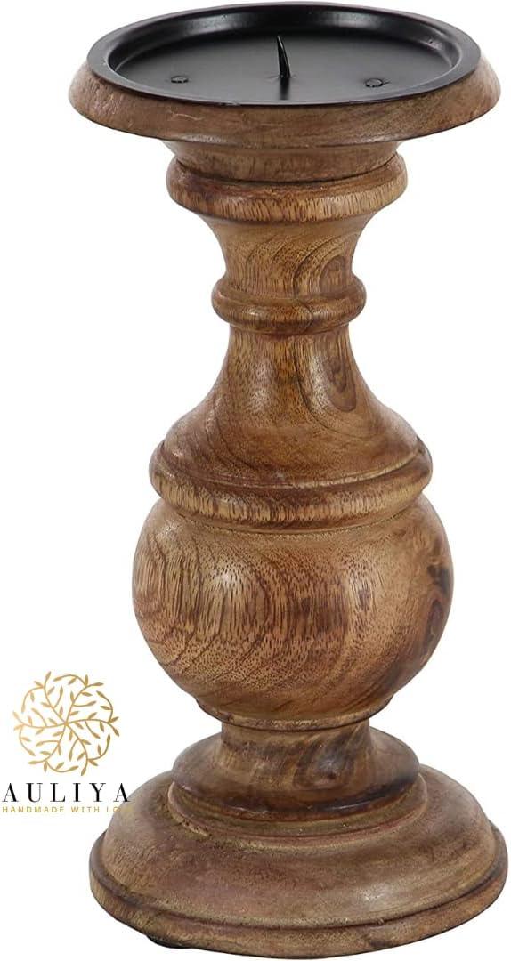 AULIYA Wooden Candle Holders Pillar Candles Holder Rustic Wood Stand Decorative Polish Candlestick Set of 3 for Home Decor - 6" 8" 10" Silver