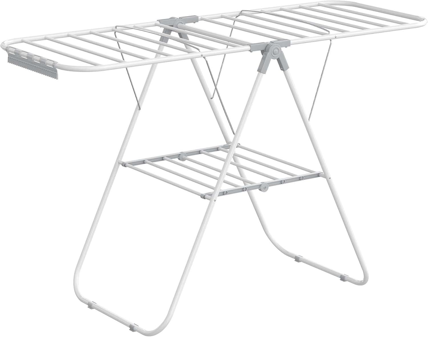 Foldable White and Gray Metal Clothes Drying Rack with Adjustable Wings