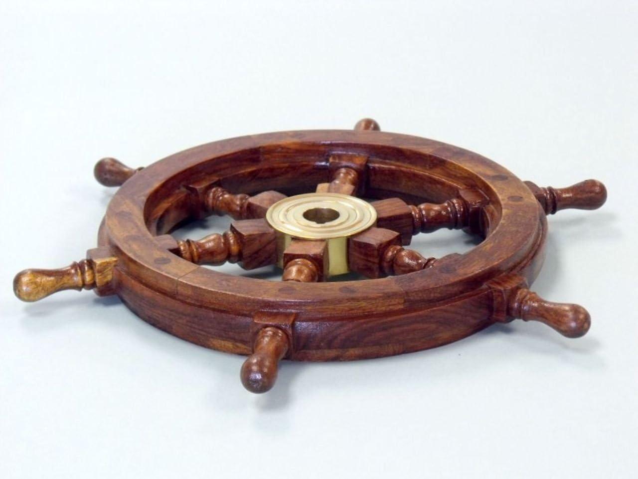 Deluxe 12'' Brown Wood and Brass Nautical Ship Wheel