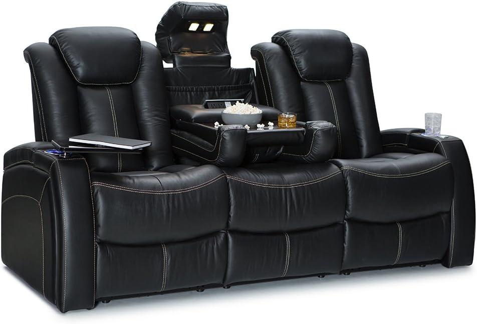 Seatcraft Republic Italian Leather Home Theater Furniture, Living Room, Power Headrest, Power Recline (Sofa with Fold-Down Table, Black)