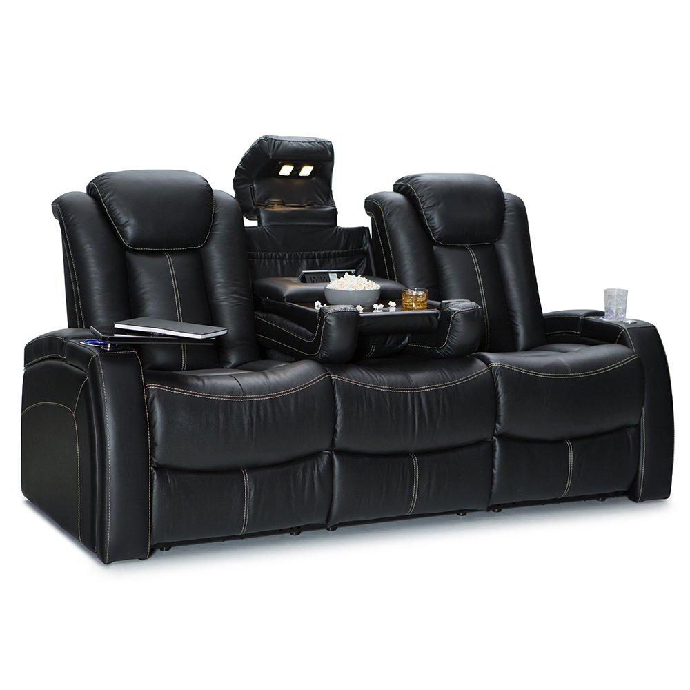 Seatcraft Republic Italian Leather Home Theater Furniture, Living Room, Power Headrest, Power Recline (Sofa with Fold-Down Table, Black)