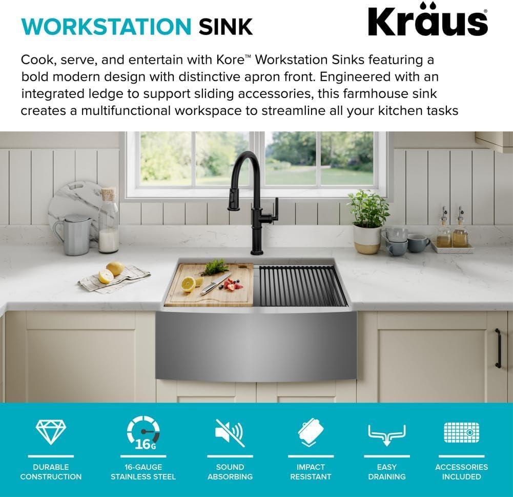 KRAUS Kore™ 27" L Farmhouse Apron Front Workstation 16 Gauge Stainless Steel Single Bowl Kitchen Sink with Accessories