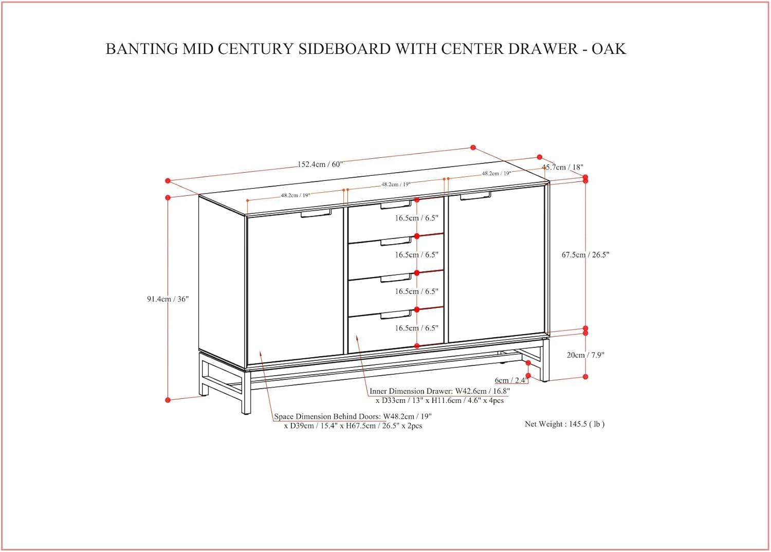 Simpli Home Banting 60"W Solid Wood Industrial 2-Door Sideboard Buffet with 4 Center Drawers