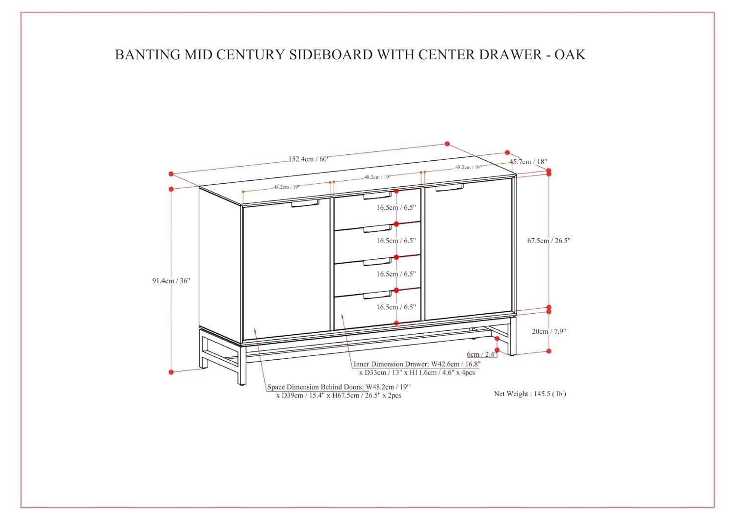 Simpli Home Banting 60"W Solid Wood Industrial 2-Door Sideboard Buffet with 4 Center Drawers