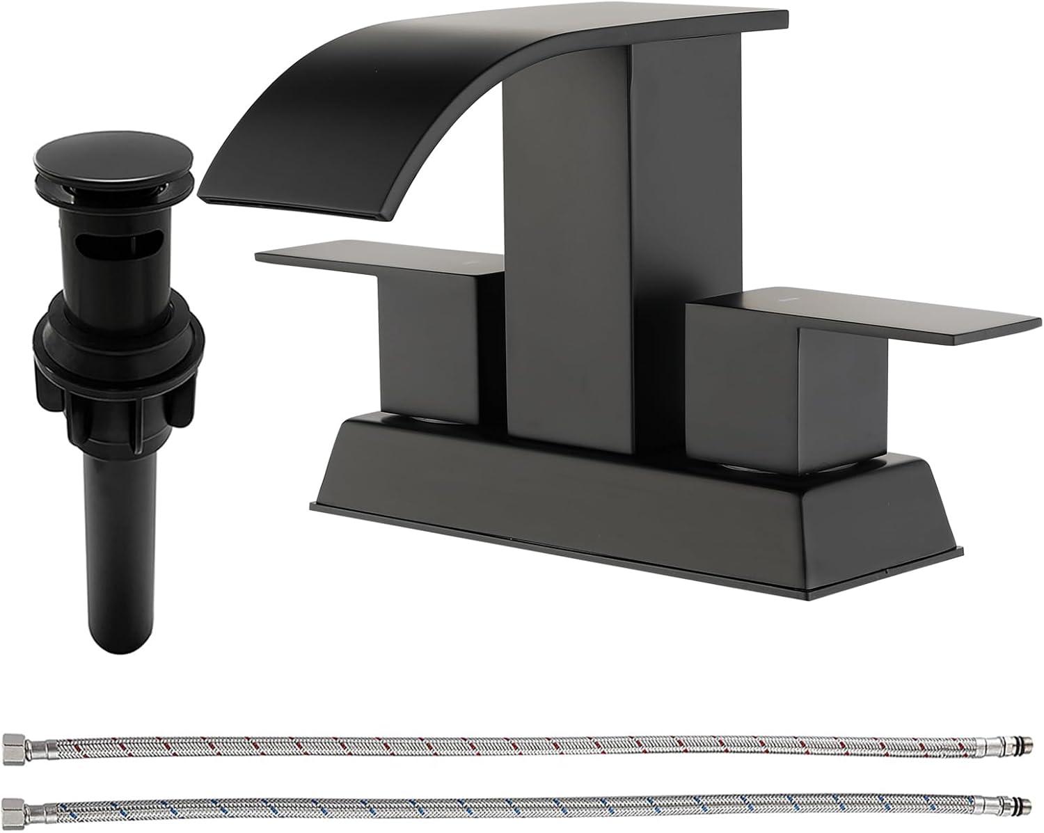Matt Black Bathroom Sink Faucet 4 inch Bathroom Faucets for Sink 2-Handle Faucet with Pop-up Drain Vanity Faucet Modern