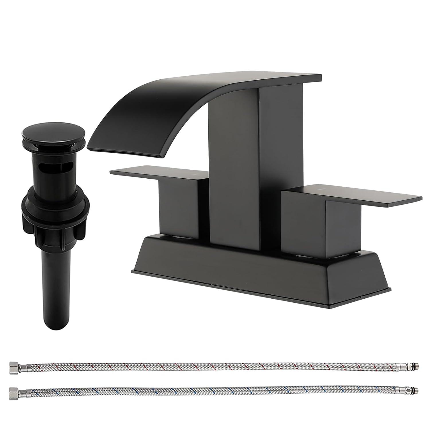 Matt Black Bathroom Sink Faucet 4 inch Bathroom Faucets for Sink 2-Handle Faucet with Pop-up Drain Vanity Faucet Modern