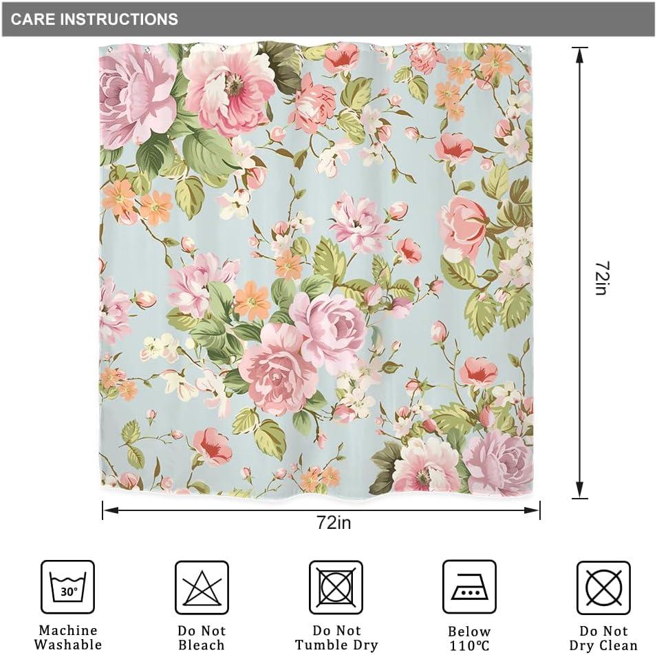 Fabric Pink Flower Shower Curtain for Bathroom 72Wx72H Inch Rose Floral Blooming Green Leaves for Girl Women Bathtub Accessories Decor Rustic Waterproof Fabric Bathroom 12 Pack Hooks WW-NDHC