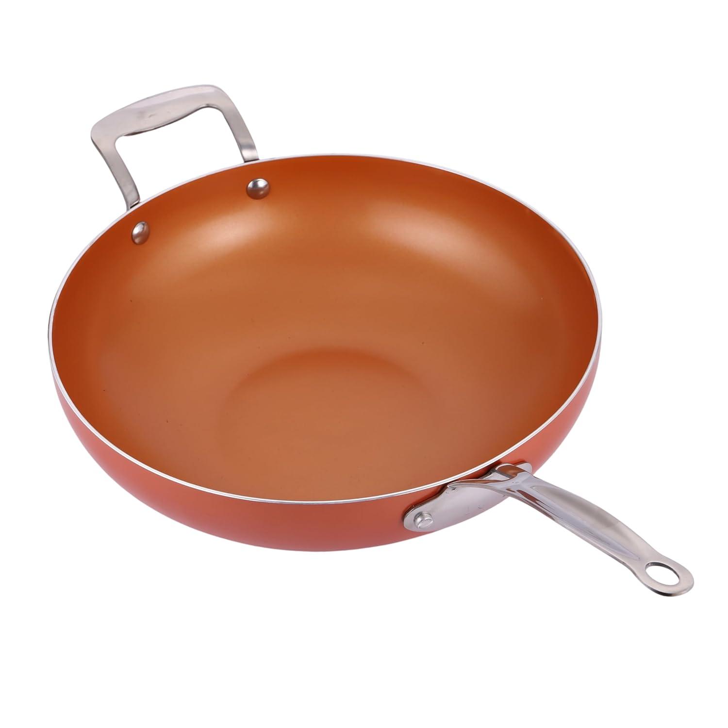 Master Pan Masterpan Chef's Wok & Glass Lid, Copper Color Ceramic Non-Stick Coating, 12"