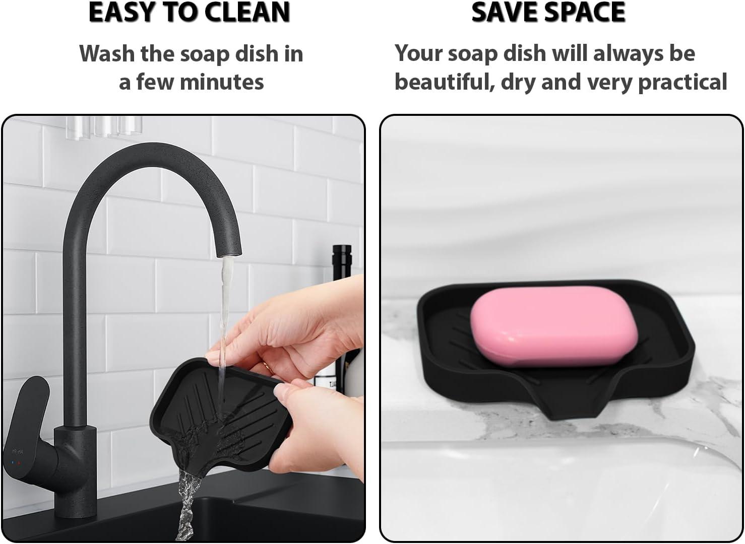 Black Silicone Self-Draining Rectangular Soap Dish Set