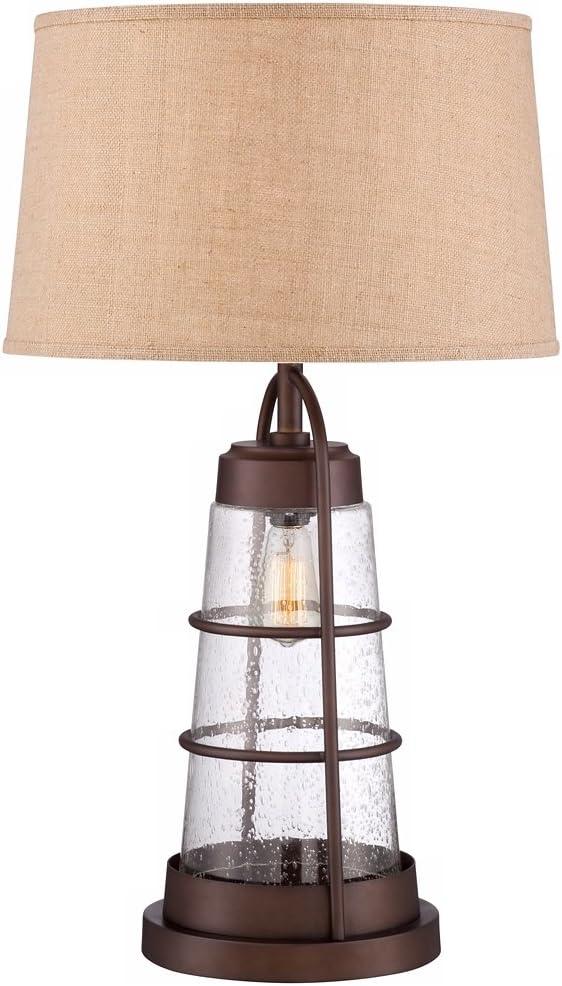 Franklin Iron Works Rustic Farmhouse Table Lamp 31" Tall with Nightlight Bronze Clear Seeded Glass Burlap Shade for Bedroom Living Room House Bedside