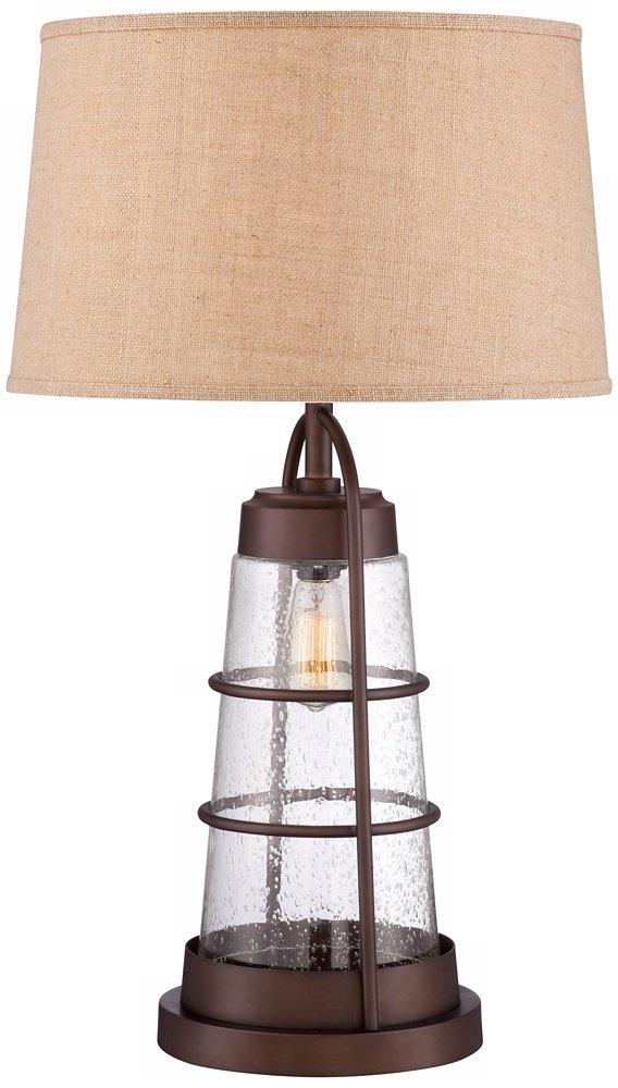 Franklin Iron Works Hugh Industrial Rustic Table Lamp 26" High Bronze Metal Seeded Glass with LED Nightlight Off White Shade for Bedroom Living Room