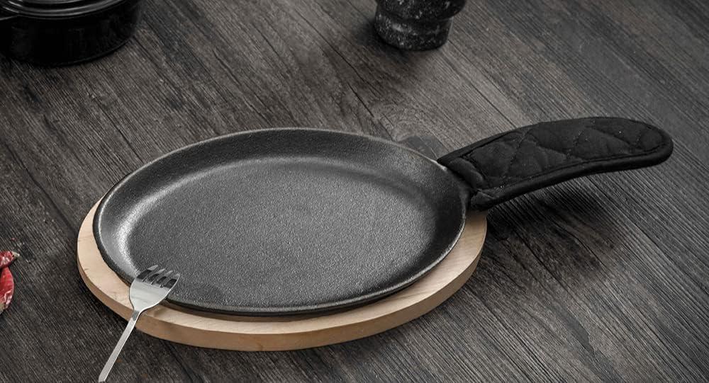 Pre-Seasoned Cast Iron Fajita Pan Set with Bamboo Base