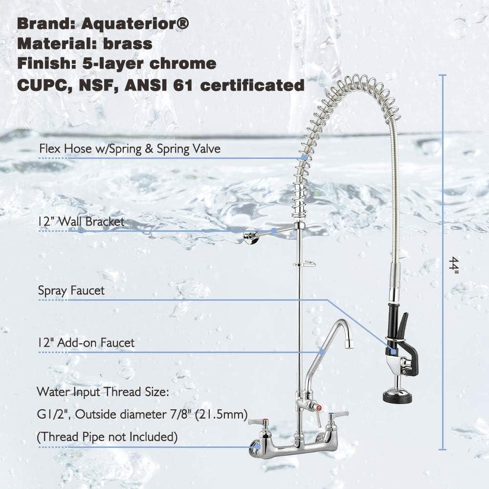 Aquaterior 44" Commercial Pre-Rinse Kitchen Faucet 12" Add-on Spout Wall Mount CUPC NSF CEC