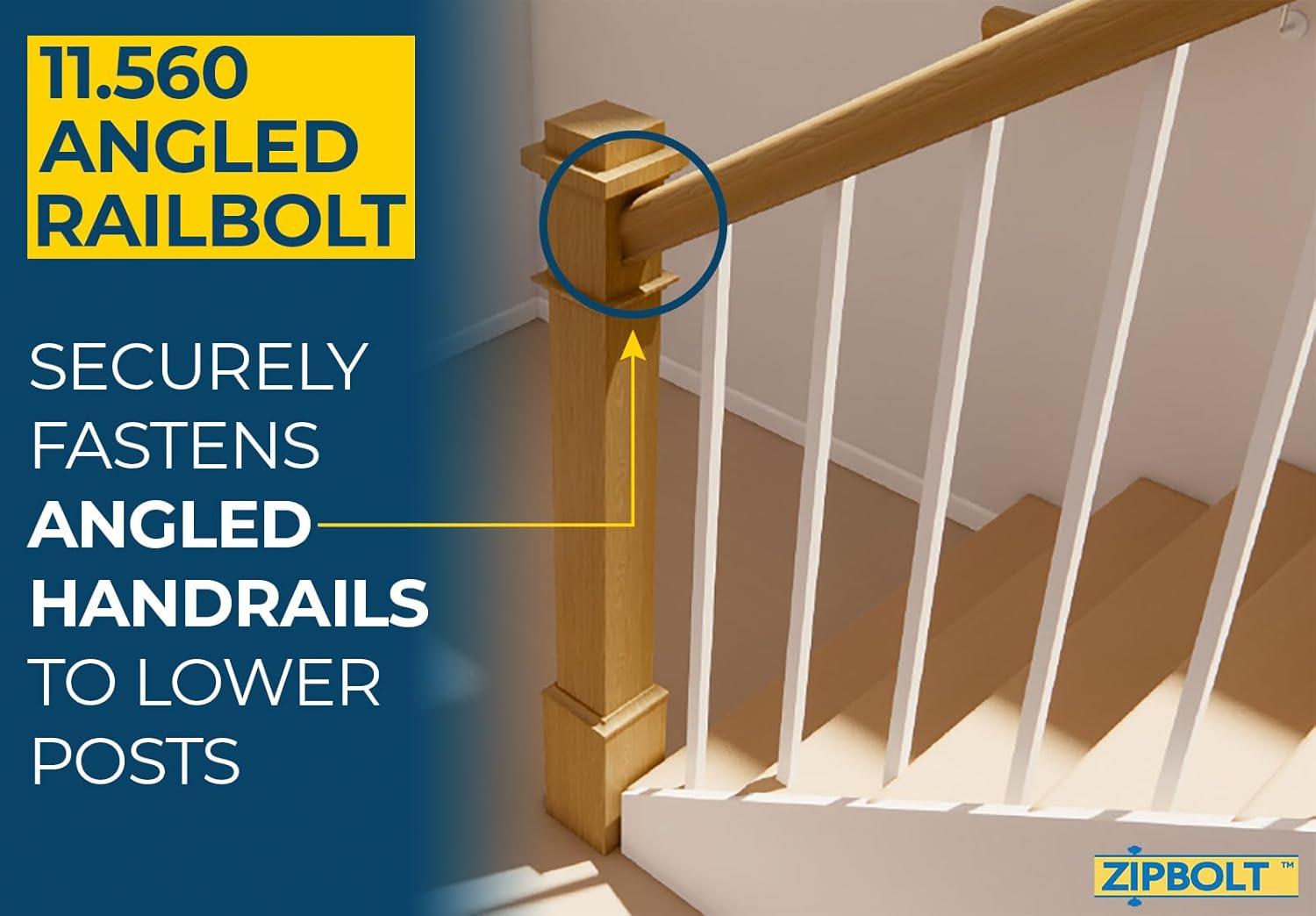 Zipbolt 11.560 Angled Railbolt — Angled Staircase Handrail to Newel Post Connector for Lower Connection, Residential and Commercial Installation, New Construction and Remodels — 1 Double Pack