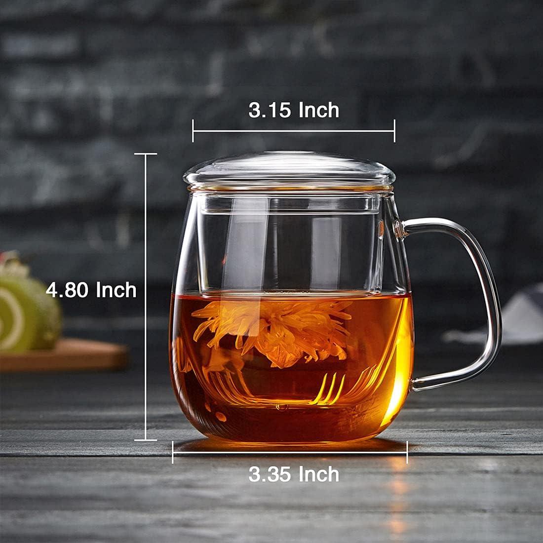 Large Clear Borosilicate Glass Tea Cup with Infuser and Lid, 17.6oz - For Loose Leaf Tea Enjoyment Teacup Mug