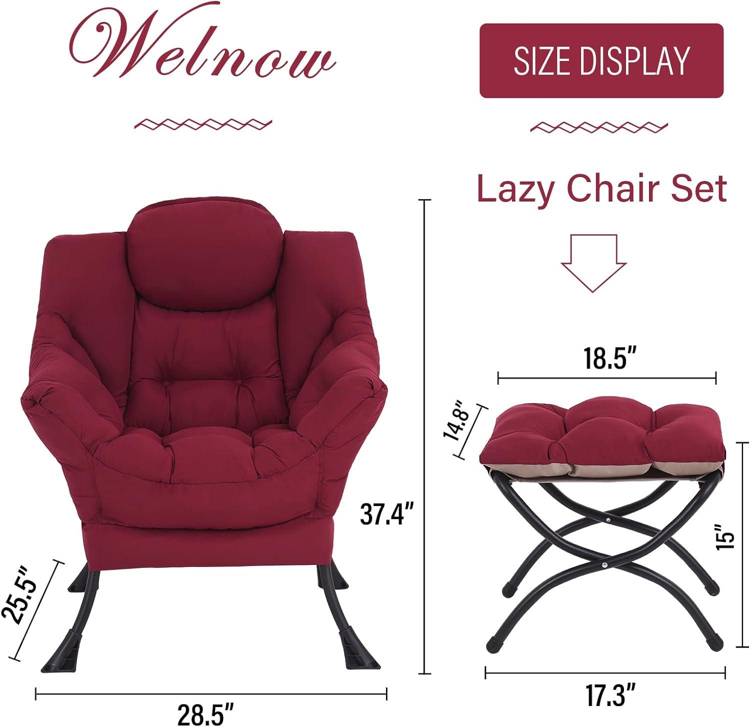 Burgundy Velvet Accent Chair with Ottoman and Metal Frame