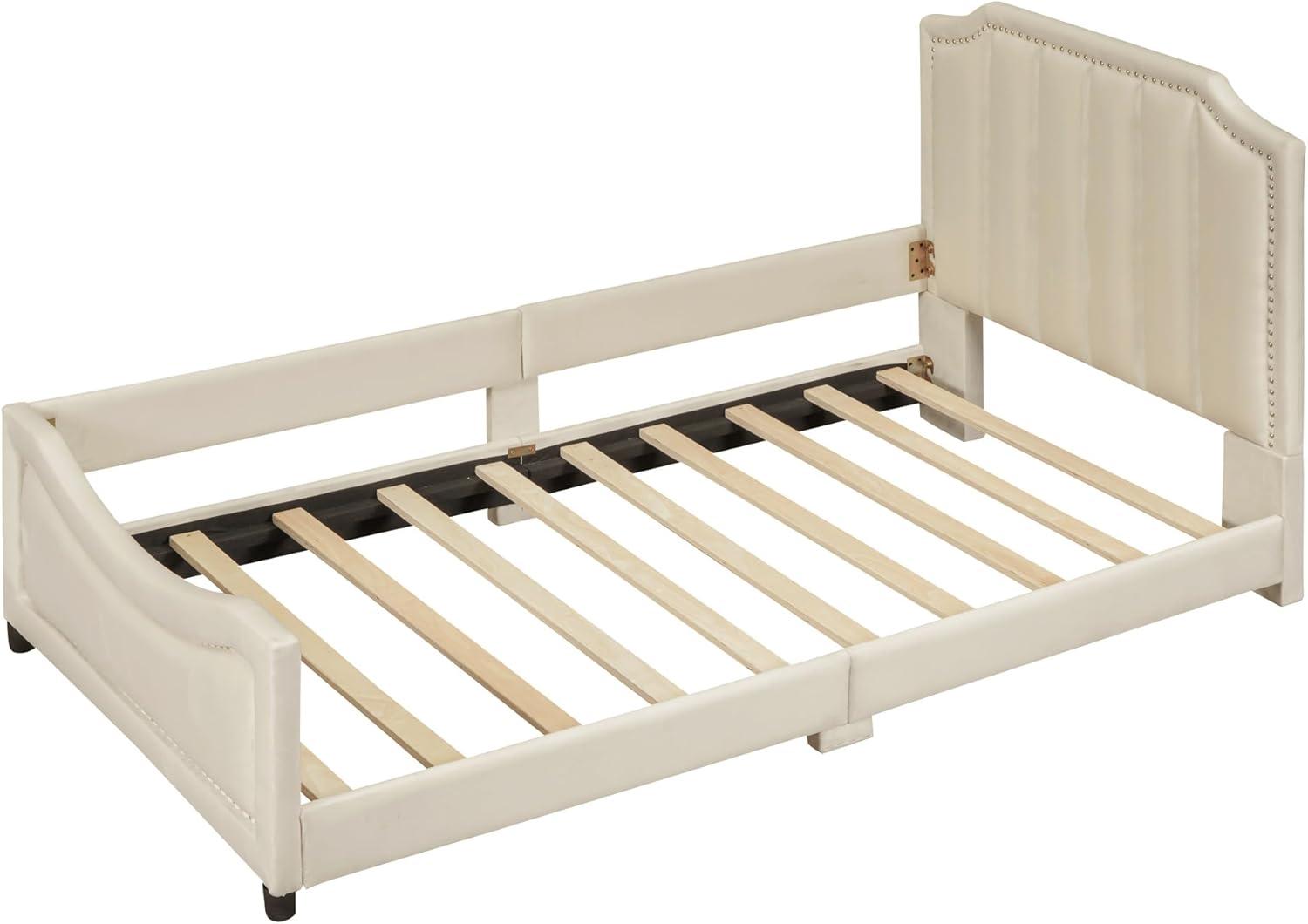 Bellemave Twin Size Upholstered Bed with Belgrave Headboard, Low Platform Bed Frame with Rails, Kids Velvet Daybed with Slats Support for Girls Boys Teens, Beige