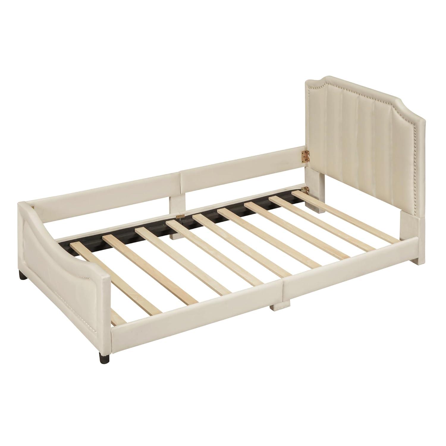 Bellemave Twin Size Upholstered Bed with Belgrave Headboard, Low Platform Bed Frame with Rails, Kids Velvet Daybed with Slats Support for Girls Boys Teens, Beige