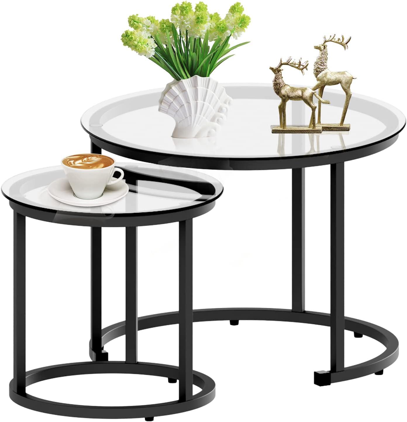 Black Glass and Metal Round Nesting Coffee Tables, Set of 2