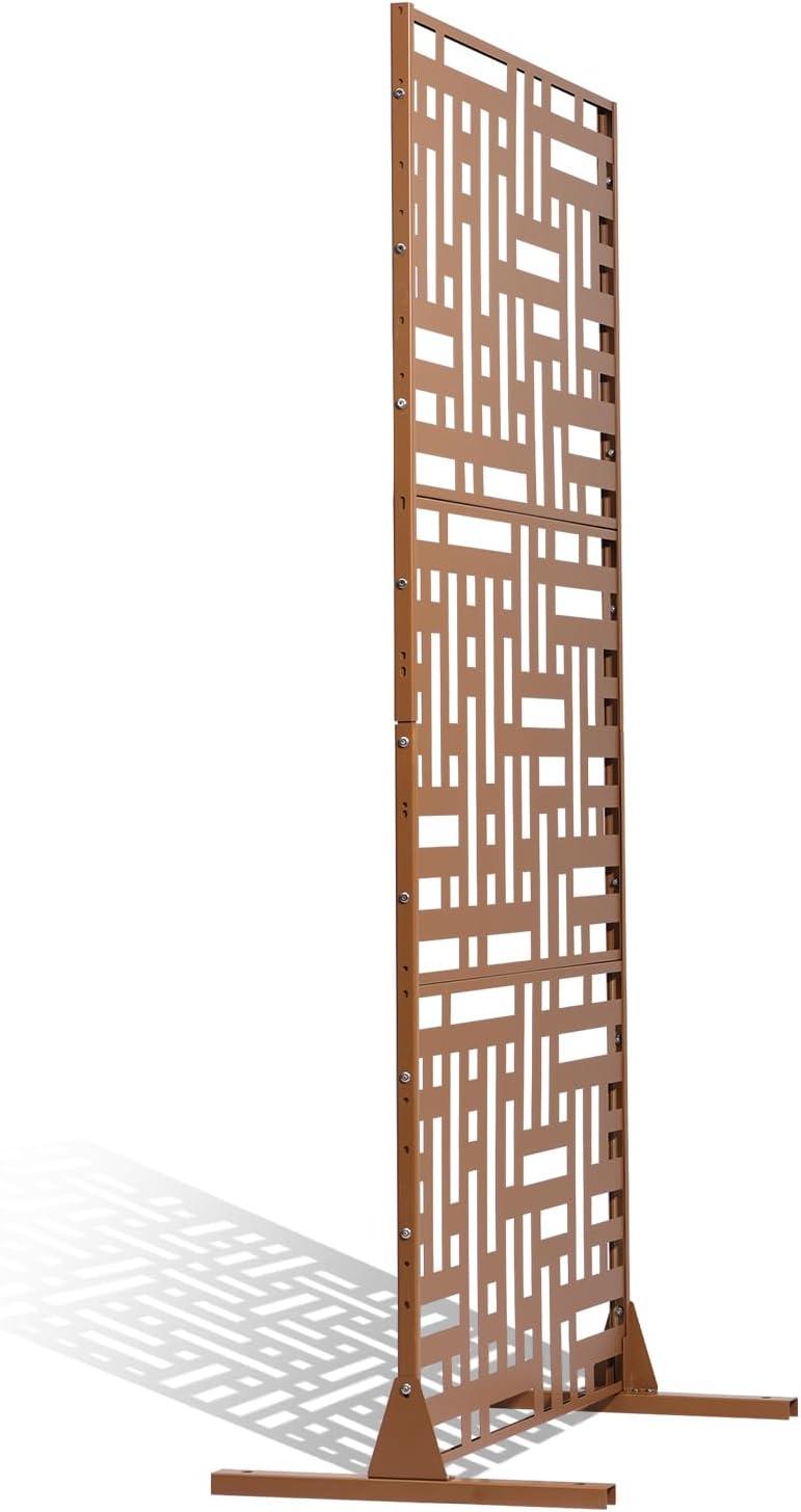 VEVOR Metal Privacy Screen, 47" W x 76" H, Outdoor Privacy Screens 3-Panel, Freestanding Outdoor Divider with Stand, Decorative Garden Steel Privacy Fence for Balcony Patio Indoor Room Hot Tub Brown