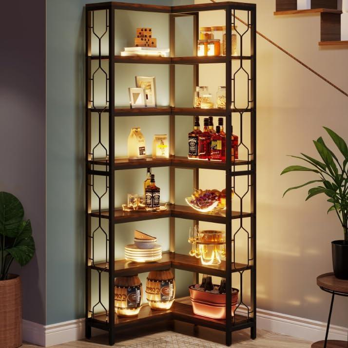 Hommoo 7-Tier Industrial Corner Bookshelf Rustic Brown