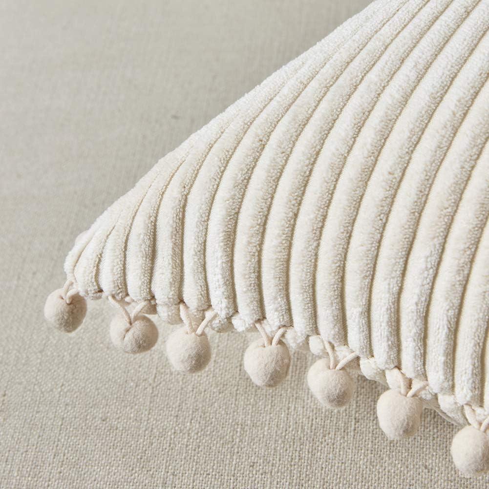 Cream Corduroy Boho Pillow Covers with Pom-Poms, 12x20 Inch