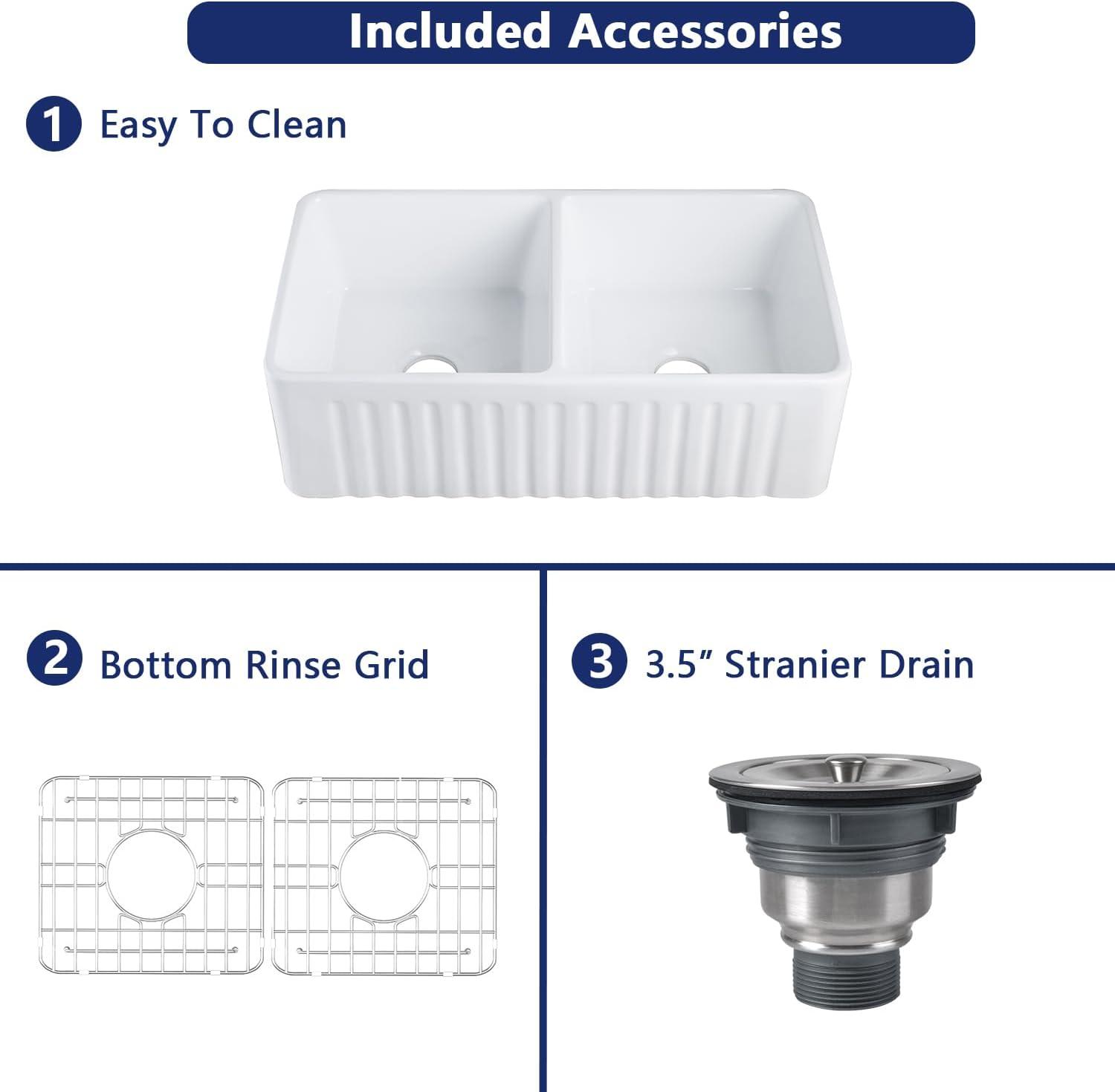 DeerValley DV-1K028 Ceramic Double Basin Kitchen Sink with Grid and Strainer,33" L x 18" W x 10" H